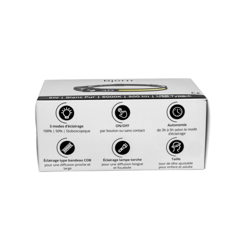 Lampe frontale LED sans contact rechargeable par USB type-C - Blanc Pur