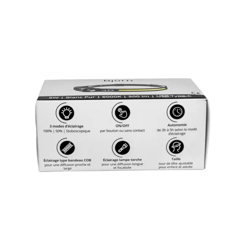 Lampe frontale LED sans contact rechargeable par USB type-C - Blanc Pur