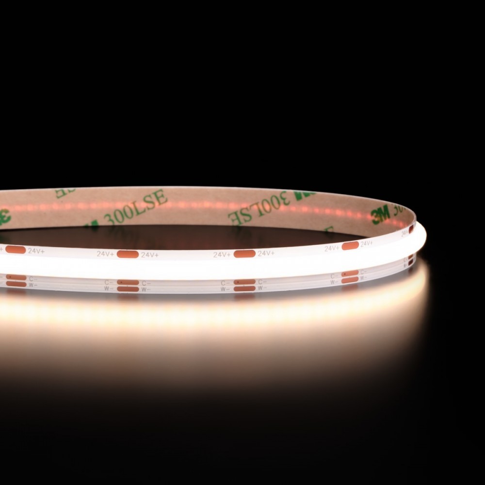 Ruban LED COB à la coupe - 7,2W/m - IP20 - CCT blanc chaud + blanc froid - 608 LED/m - 24V