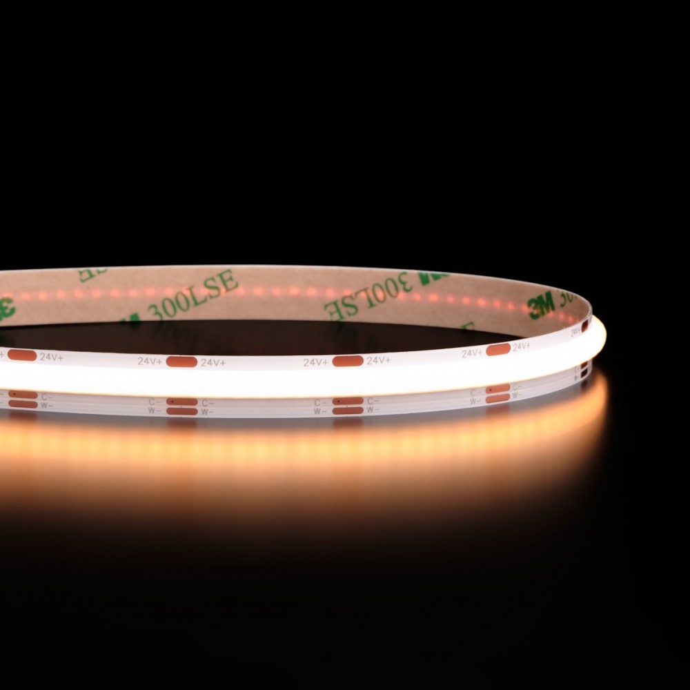 Ruban LED COB à la coupe - 7,2W/m - IP20 - CCT blanc chaud + blanc froid - 608 LED/m - 24V