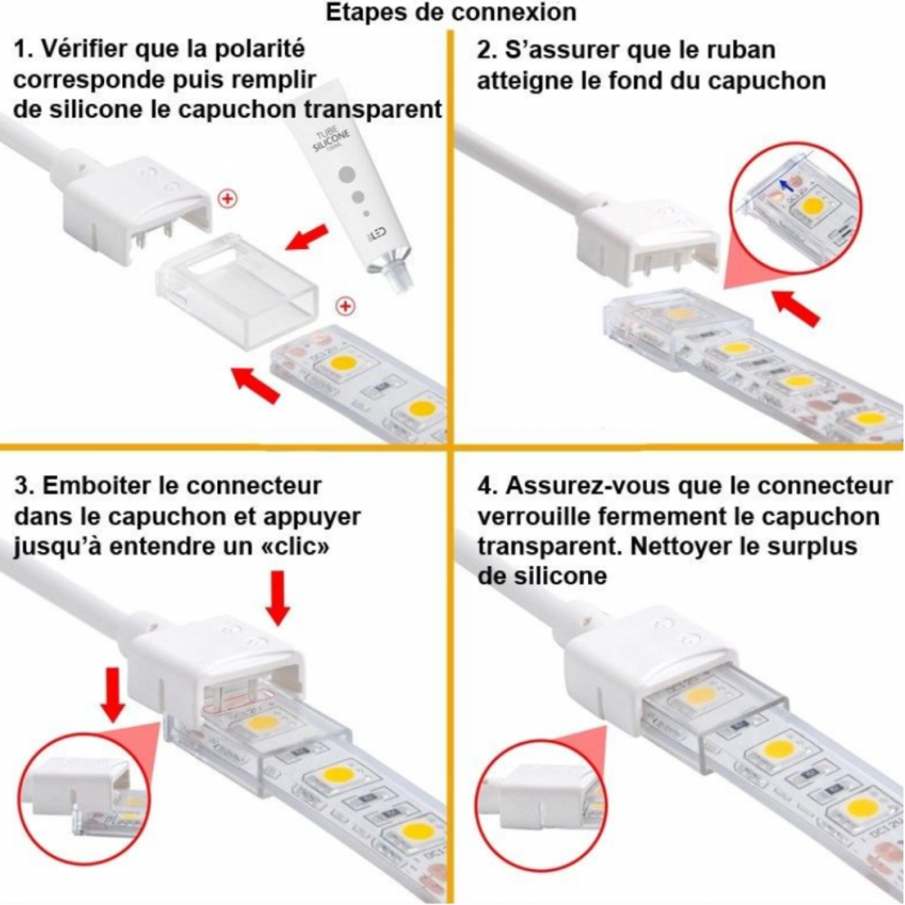 Jonction étanche câblée pour ruban LED DOB mono IP68 jusqu'à 13mm sans soudure "Hippo"