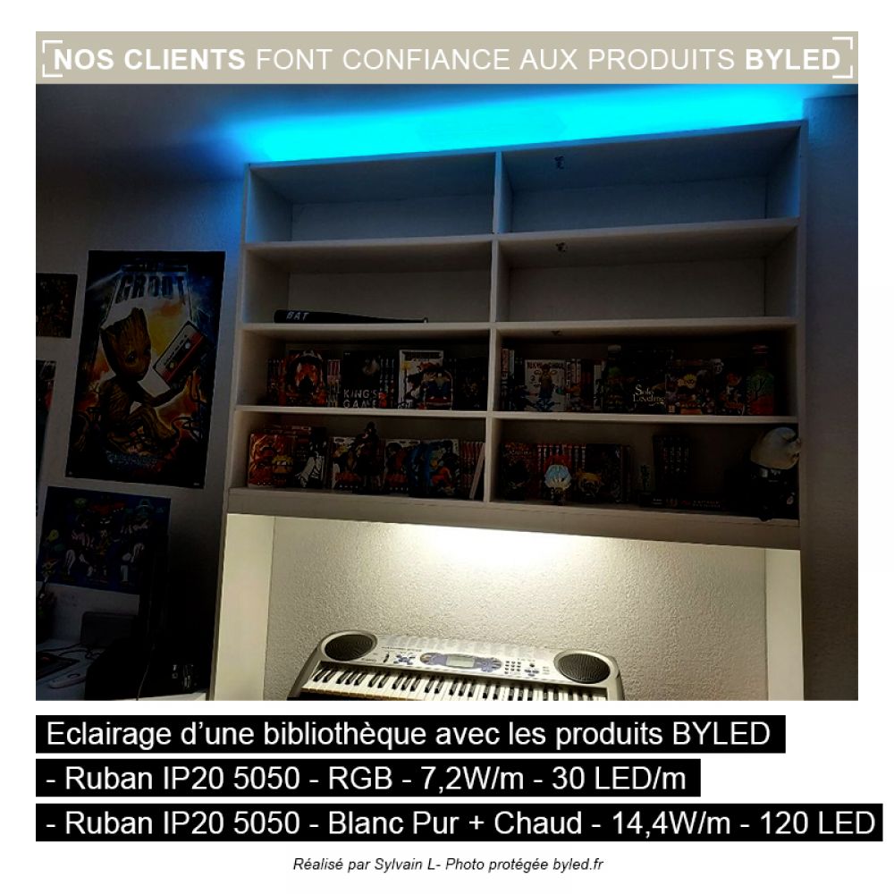 Ruban LED RGB multicolore - 7,2W/m - IP20 - 30 LED/m - 5050 - 5m - 24V - Vue supplémentaire