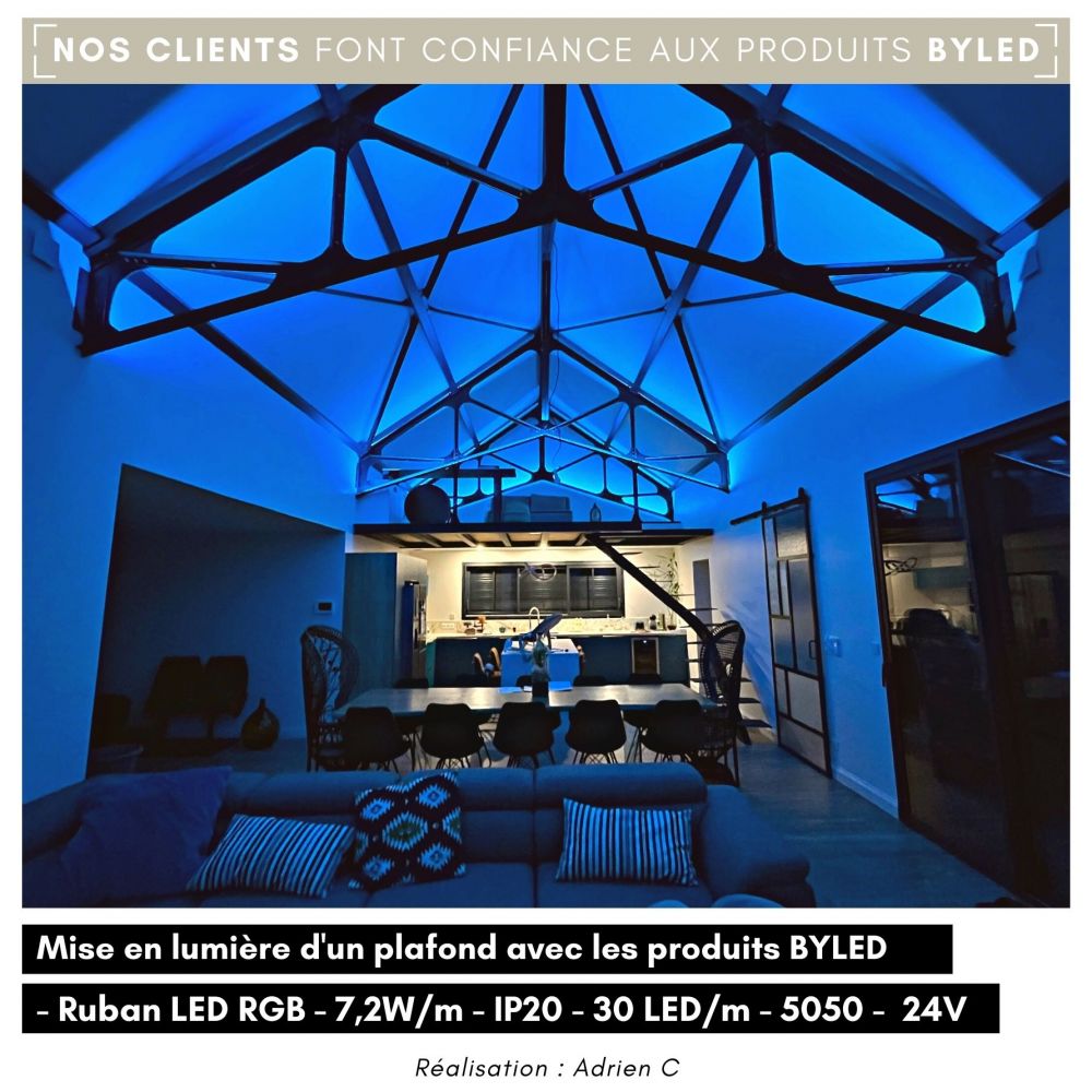 Ruban LED RGB multicolore - 7,2W/m - IP20 - 30 LED/m - 5050 - 5m - 24V - Vue supplémentaire