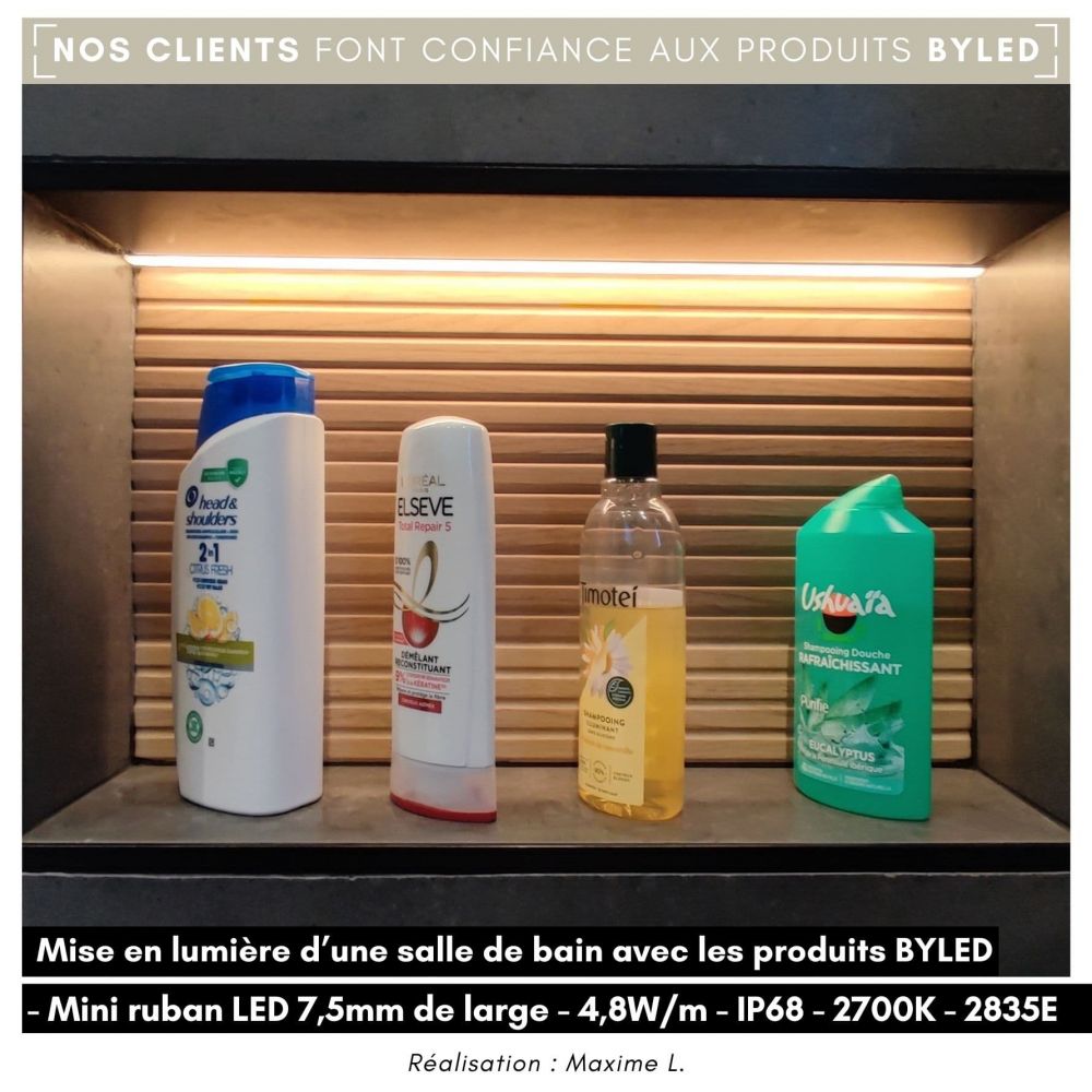 Mini ruban LED 7,5mm de large - 4,8W/m - IP68 - Blanc - 120 LED/m - 2835E - 5m - 24V - Vue supplémentaire