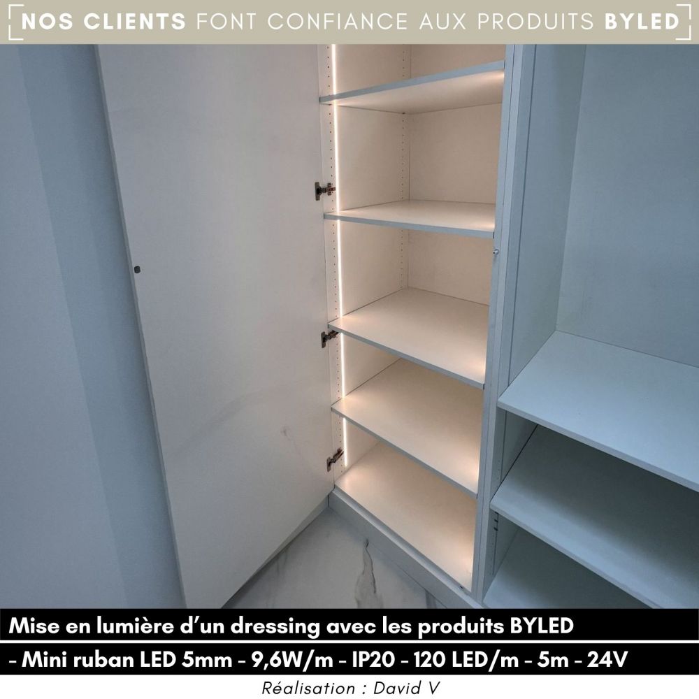 Mini ruban LED 5mm de large - 9,6W/m - IP20 - Blanc - 120 LED/m - 2835E - 5m - 24V - Vue supplémentaire