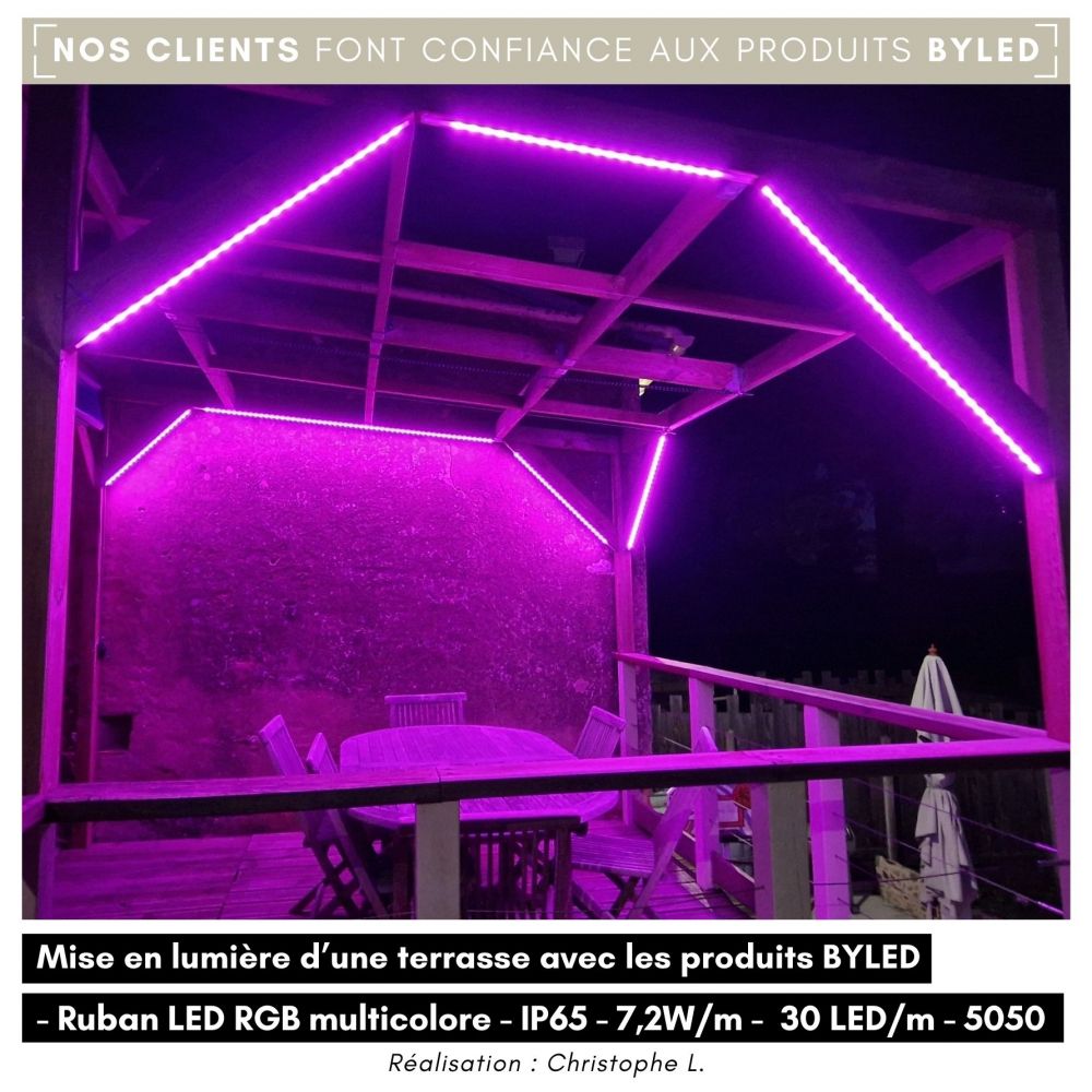 Ruban LED RGB multicolore - 7,2W/m - IP65 - 30 LED/m - 5050 - 5m - 24V - Vue supplémentaire