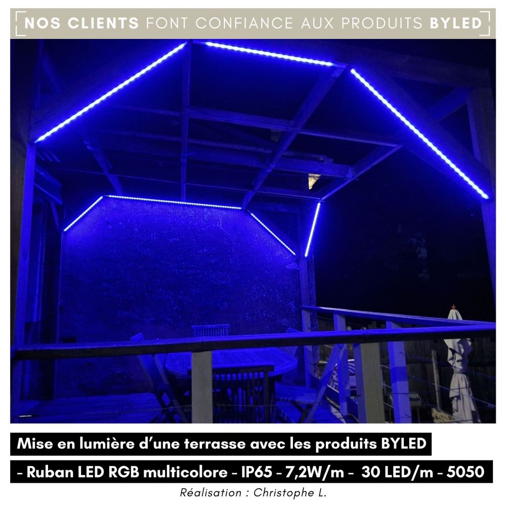 Ruban LED RGB multicolore - 7,2W/m - IP65 - 30 LED/m - 5050 - 5m - 24V - Vue supplémentaire