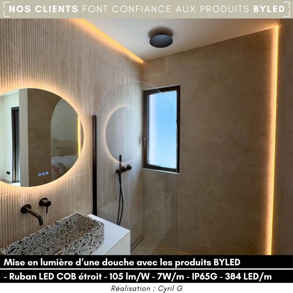 Ruban LED COB étroit 5mm (105 lm/W) - 7W/m - IP65G - Blanc - 384 LED/m - à la coupe - 24V - Vue supplémentaire