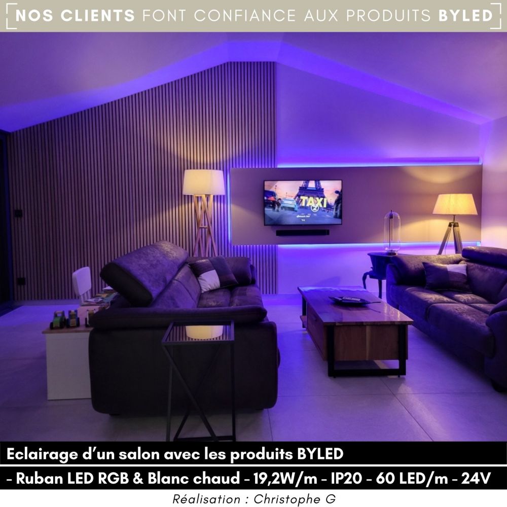 Ruban LED RGB & Blanc chaud - 19,2W/m - IP20 - 60 LED/m - 5050 - 5m - 24V - Vue supplémentaire