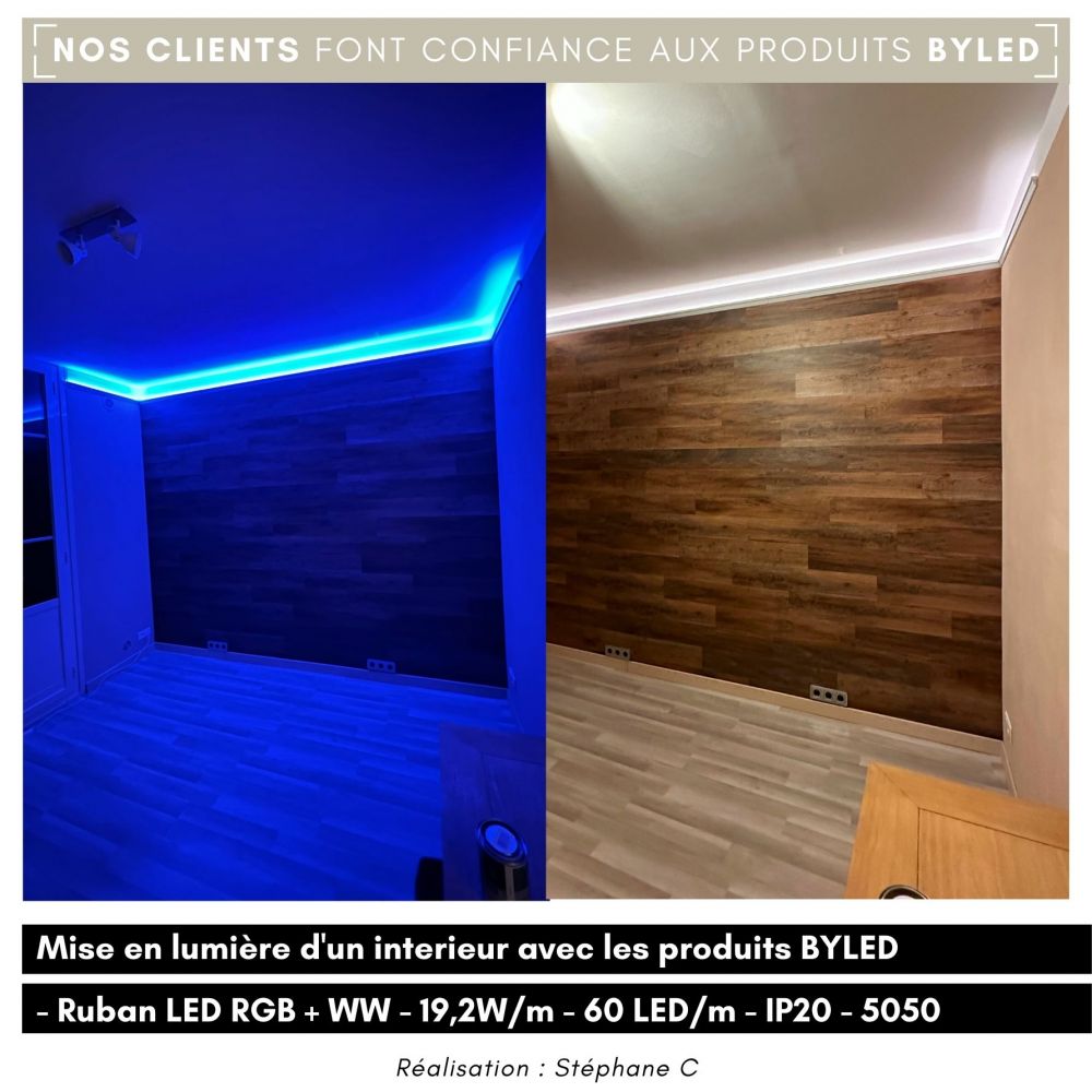 Ruban LED RGB & Blanc chaud - 19,2W/m - IP20 - 60 LED/m - 5050 - 5m - 24V - Vue supplémentaire